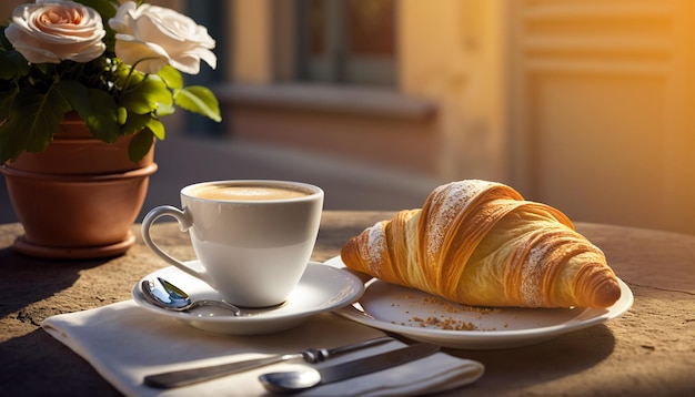 Cup of coffee with delicious croissant at morning