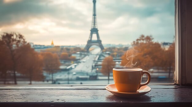 a cup of coffee with the eiffel tower in the background