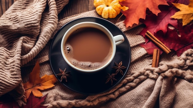 A cup of coffee with a fall leaf on the table