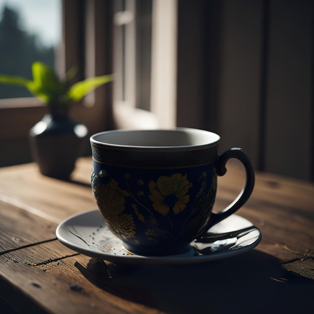 Cup of coffee with farm with sun in the background Generative AI