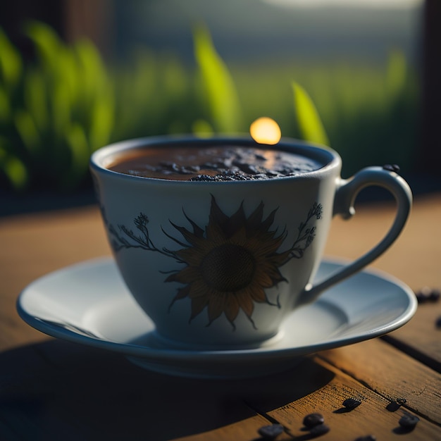 Cup of coffee with farm with sun in the background Generative AI