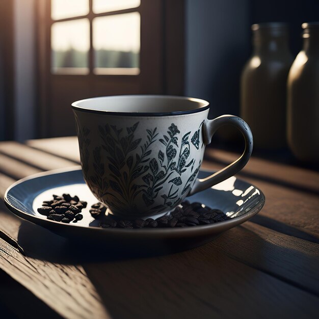 Cup of coffee with farm with sun in the background Generative AI