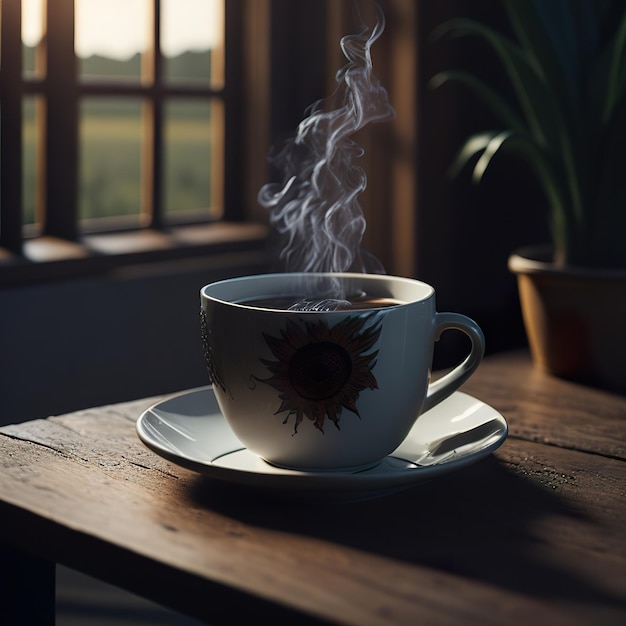 Cup of coffee with farm with sun in the background Generative AI