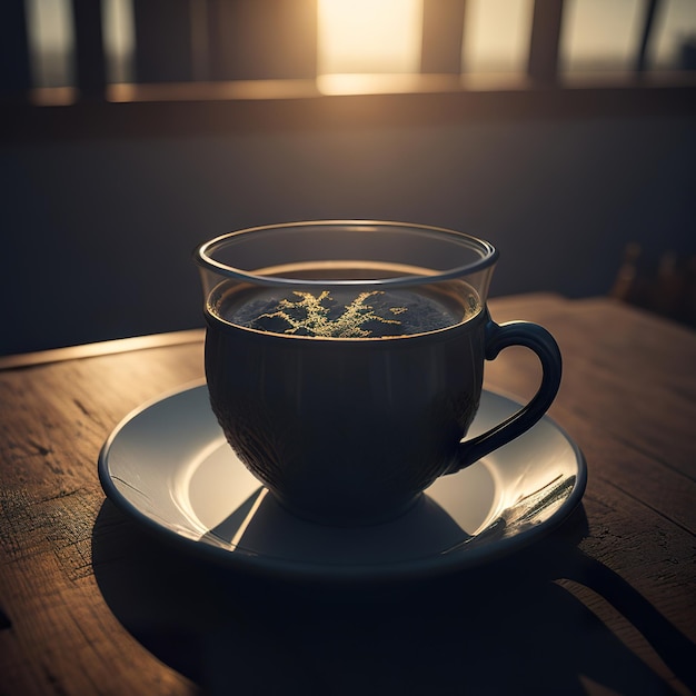 Cup of coffee with farm with sun in the background Generative AI