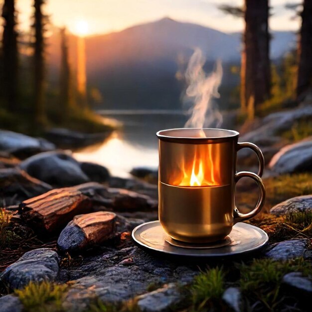 a cup of coffee with a fire in the background