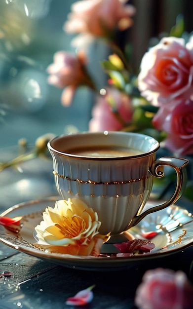 a cup of coffee with a flower in the background