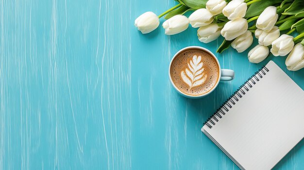 Photo a cup of coffee with a flower on the top of it and a pen on a blue table