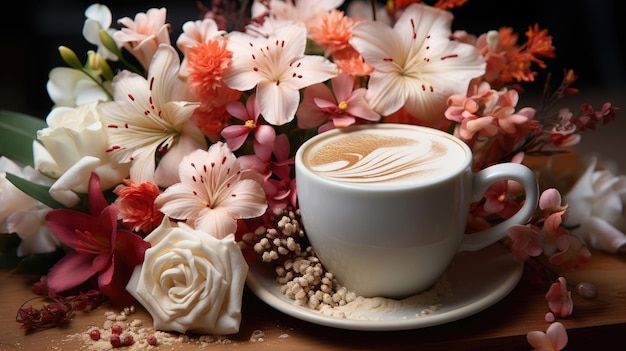 a cup of coffee with flowers and a cup of coffee