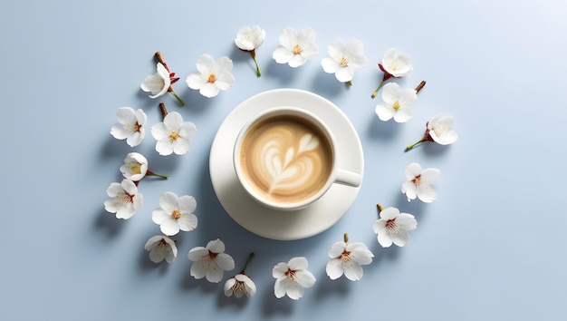 a cup of coffee with flowers and a cup of coffee