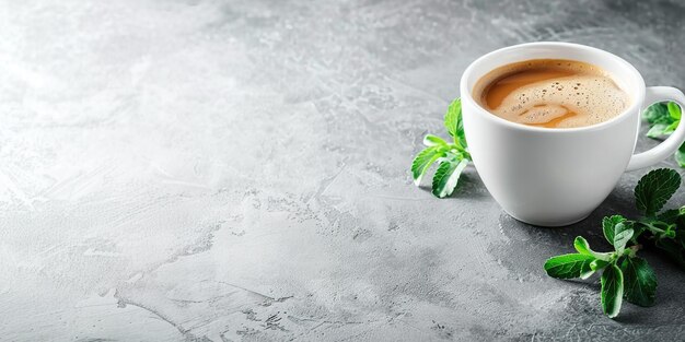 Cup of coffee with fresh mint on grey natural morning light