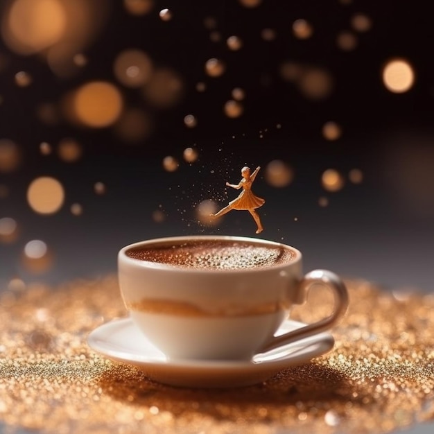 A cup of coffee with a girl jumping in front of it