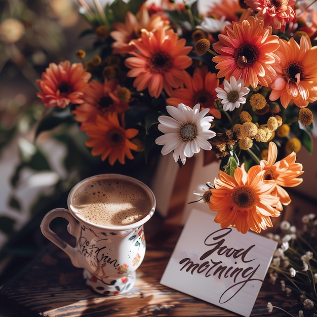 Photo a cup of coffee with the good morning message