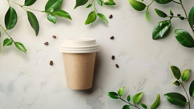 a cup of coffee with green leaves and coffee beans on a white background