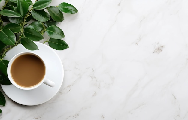 a cup of coffee with a green plant on the table