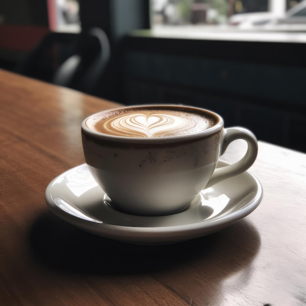 A cup of coffee with a heart design on the rim.