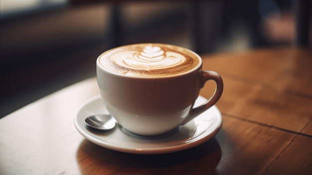 A cup of coffee with a heart design on the top.