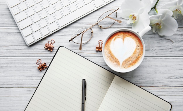 A cup of coffee with heart  on a table