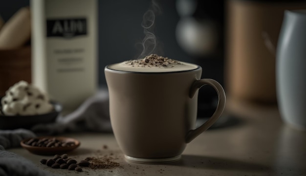 A cup of coffee with a label that says'coffee'on it