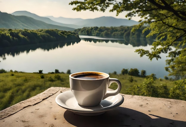 a cup of coffee with a lake in the background