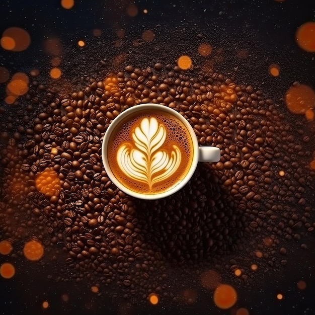 Cup of coffee with latte art on coffee beans background