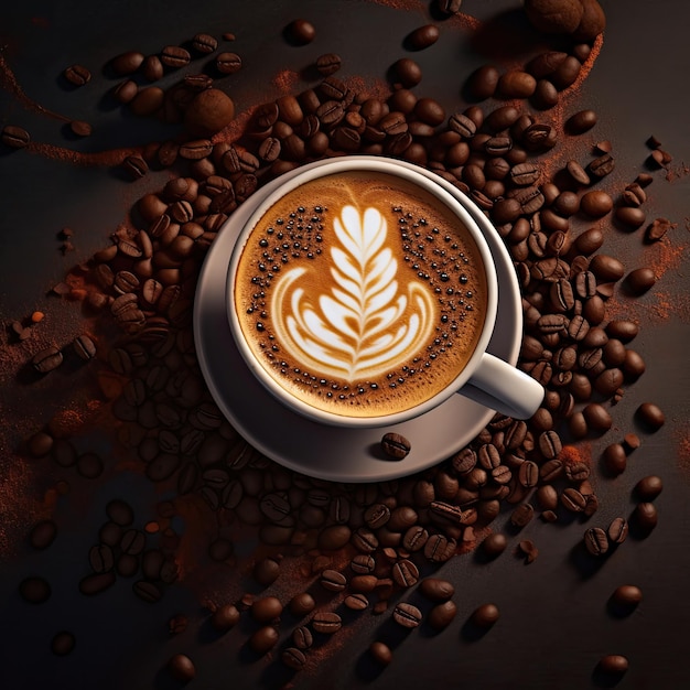 Cup of coffee with latte art on coffee beans background