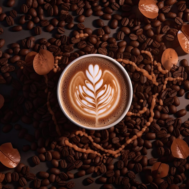 Cup of coffee with latte art on coffee beans background