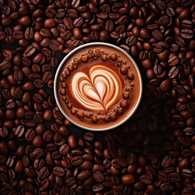 Cup of coffee with latte art on coffee beans background