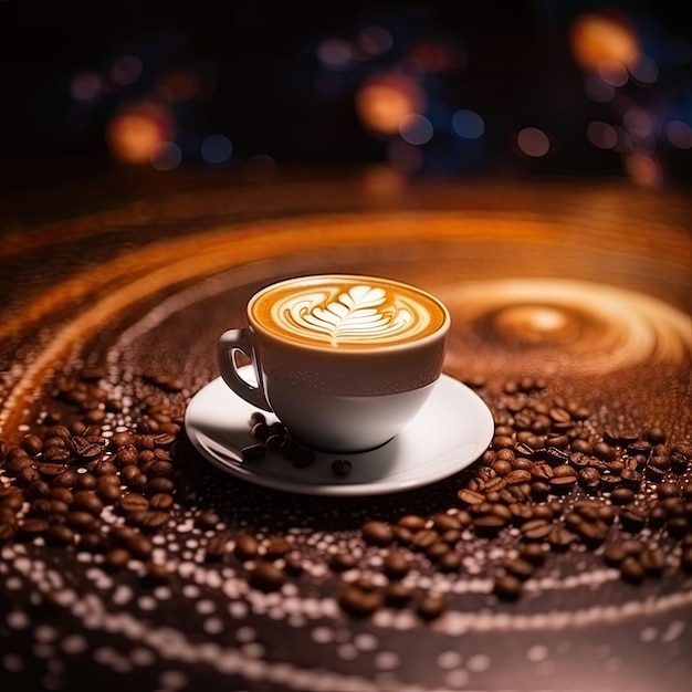 Cup of coffee with latte art on coffee beans background