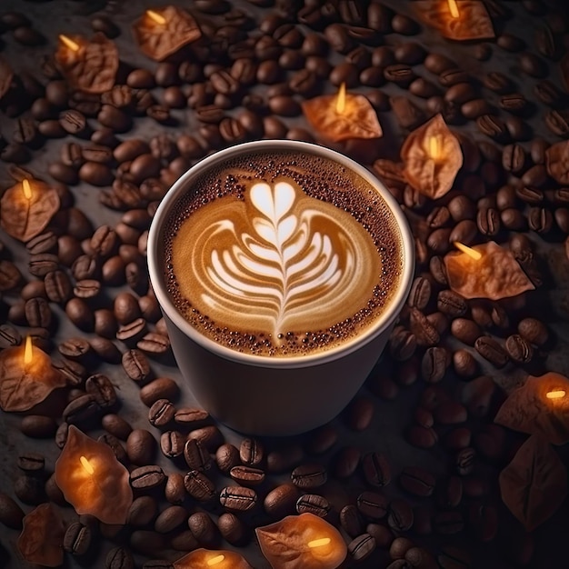 Cup of coffee with latte art on coffee beans background