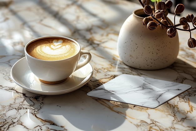 A cup of coffee with latte art on a marble tabletop in the afternoon sun