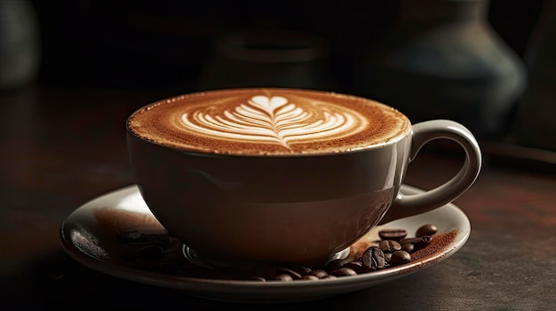 A cup of coffee with a latte art on the rim