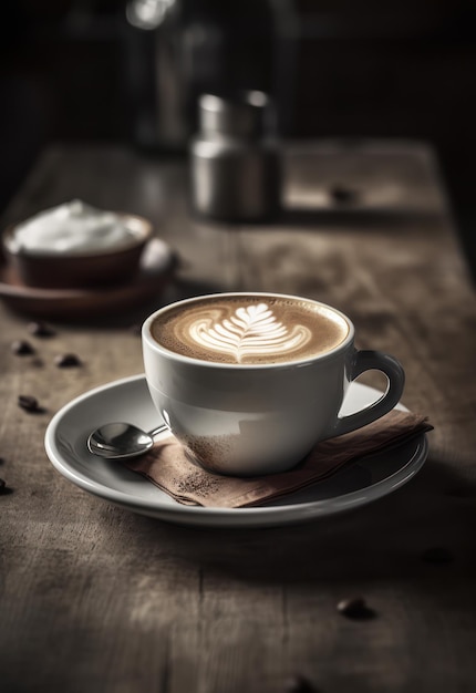 A cup of coffee with a latte art on the rim