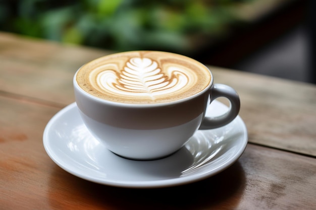 A cup of coffee with a latte art on the rim