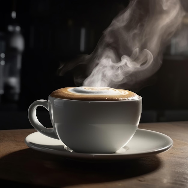 cup of coffee with latte art and steam rising from it