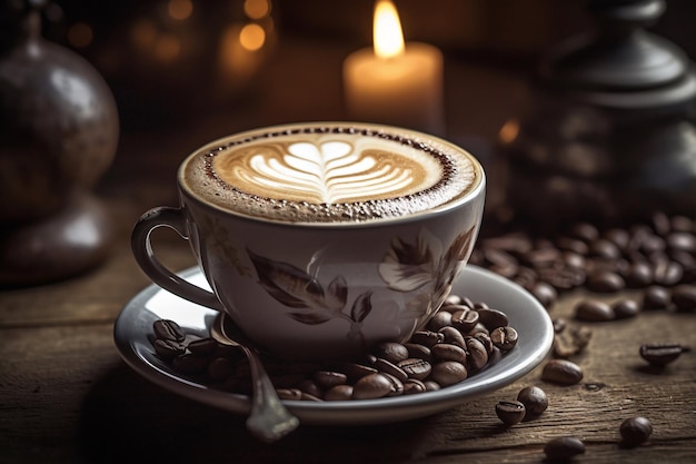 A cup of coffee with a leaf design on the rim sits on a wooden table next to a candle.