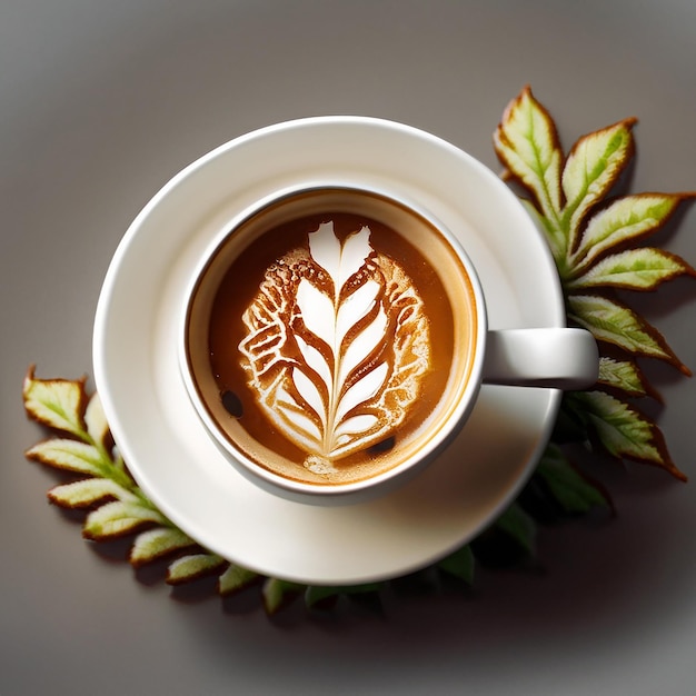 A cup of coffee with a leaf design on the rim