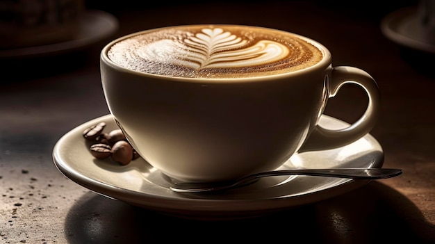 A cup of coffee with a leaf design on the rim