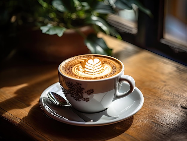 a cup of coffee with a leaf design on top of it