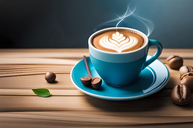 A cup of coffee with a leaf on the rim sits on a wooden table.