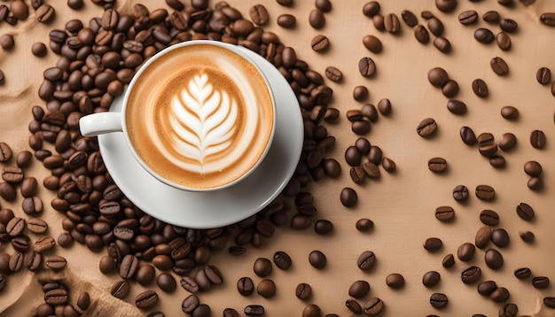 a cup of coffee with a leaf on the top