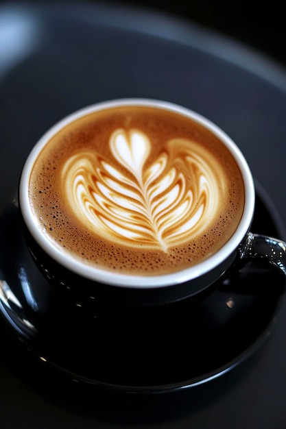 a cup of coffee with a leaf on the top