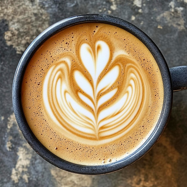 a cup of coffee with a leaf on the top