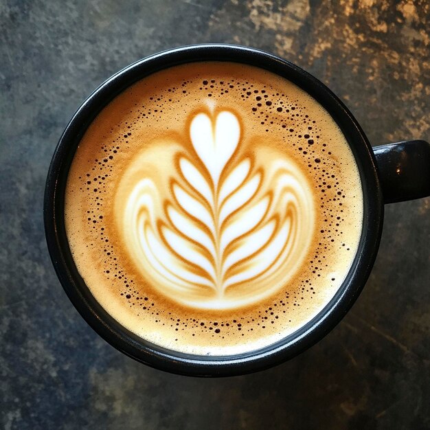 a cup of coffee with a leaf on the top