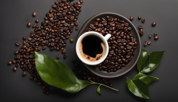 a cup of coffee with leaves and a leaf of a plant