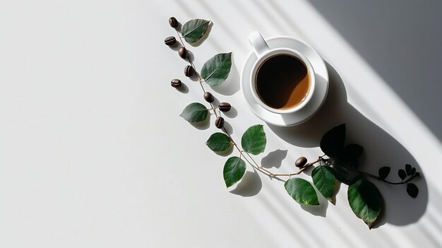 A cup of coffee with leaves and a plant on the table