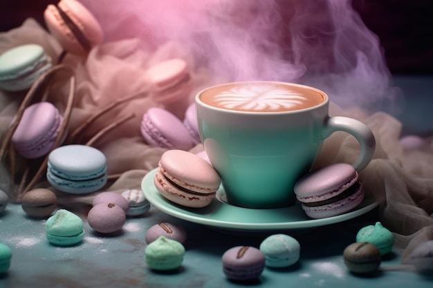 A cup of coffee with macaroons on a table