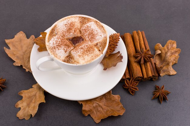 Cup of coffee with marshmallows and cocoa, leaves, dried oranges, cinnamon and star anise, gray stone background. Tasty hot autumn drink. copyspace.