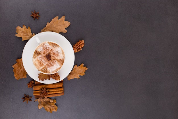 Cup of coffee with marshmallows and cocoa, leaves, dried oranges, cinnamon and star anise, gray stone background. Tasty hot autumn drink. copyspace.