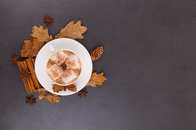 Cup of coffee with marshmallows and cocoa, leaves, dried oranges, cinnamon and star anise, gray stone background. Tasty hot autumn drink. copyspace.