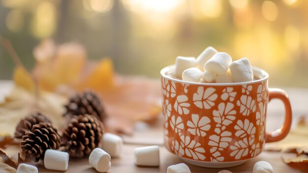 Photo a cup of coffee with marshmallows on the table surrounded by autumn leaves and pine cones